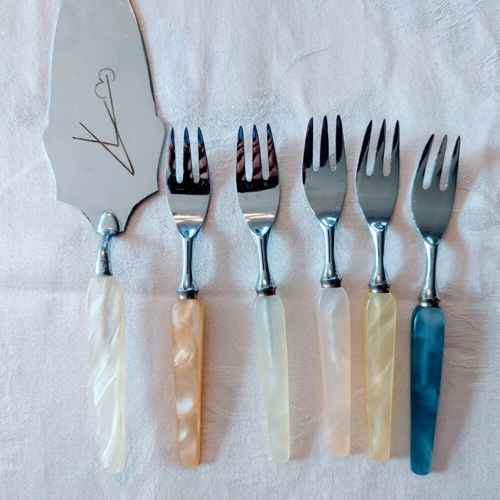 Lot of 6 VTG German MCM Dessert Bakelite Set Pyraline Cake Lifter Cake Forks